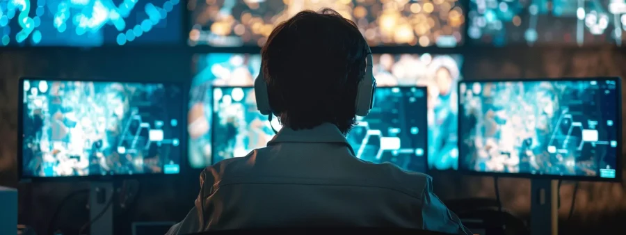 A data analyst using multiple computer monitors to research more on what is federated search.